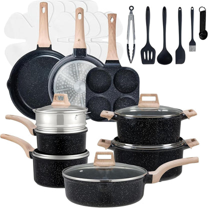 25Pcs Ceramic Cookware Set, Nonstick & Non-Toxic Healthy Pots and Pans, Heat-Resistant Handles, Induction Cookware Sets with Frying Pans, Black1