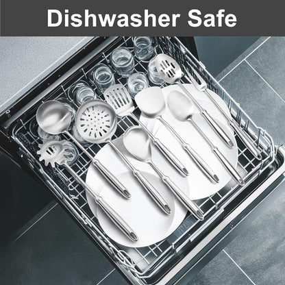 304 Stainless Steel Cooking Utensils Set, 9 PCS Metal Stainless Steel Kitchen Utensils Set, Serving Spoon, Spaghetti Spoon, Skimmer, Meat Fork Etc (Dishwasher Safe)7
