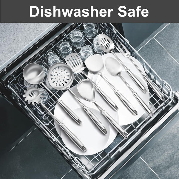 304 Stainless Steel Cooking Utensils Set, 9 PCS Metal Stainless Steel Kitchen Utensils Set, Serving Spoon, Spaghetti Spoon, Skimmer, Meat Fork Etc (Dishwasher Safe)7