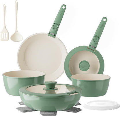 Ceramic Nonstick Pans and Pots Set, Ceramic Cookware Set with Detachable Handles16Pcs, Induction Dishwasher Oven Safe Kitchen Cooking Set, PFAS PFOA & PTFE Free, Green1