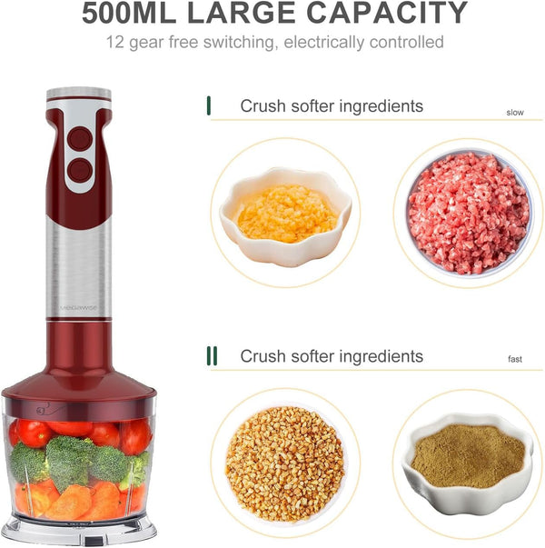 5-In-1 Immersion Hand Blender Set with Variable Speed, 400W, Stainless Steel - Includes Chopper, Whisk, Milk Frother, and Beaker - Ideal for Soups, Smoothies, Baby Food & More (RED)6