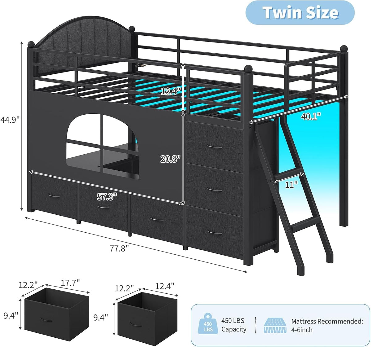 twin-loft-bed-with-8-storage-drawers-led-lights-upholsterd-headboard-inclined-ladder-play-curtain-kids-loft-bed-with-safety-guardrail-under-bed-play-area-black
