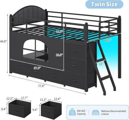 Twin Loft Bed with 8 Storage Drawers, LED Lights, Upholsterd Headboard, Inclined Ladder & Play Curtain, Kids Loft Bed with Safety Guardrail, Under-Bed Play Area, Black2