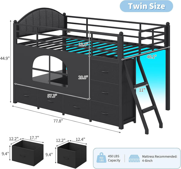 Twin Loft Bed with 8 Storage Drawers, LED Lights, Upholsterd Headboard, Inclined Ladder & Play Curtain, Kids Loft Bed with Safety Guardrail, Under-Bed Play Area, Black2