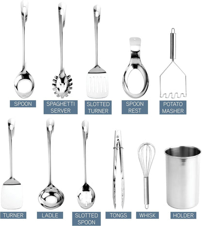 Kitchen Utensil Set - Premium Nonstick & Heat Resistant Kitchen Gadgets, Turner, Spaghetti Server, Serving Spoons, Whisk, Tongs, Masher & Utensil Holder, 10-Piece Stainless Steel5