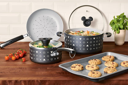 Disney Monochrome Ceramic Nonstick Cookware Pots and Pans with Baking/Bakeware Cookie Pan and Kitchen Cooking Tool Set, Dishwasher Safe, 8 Piece Cookware Set - Black3