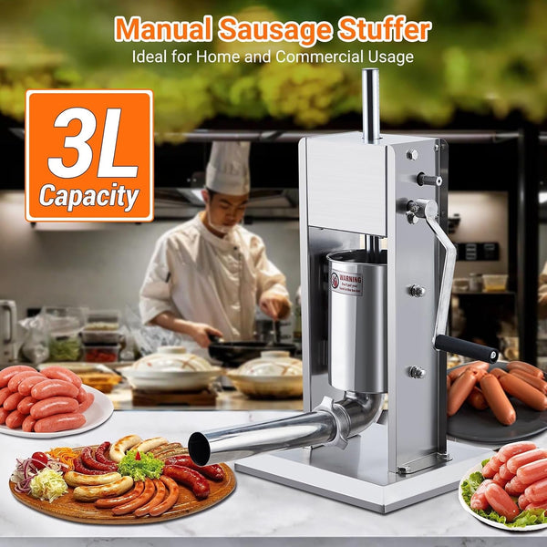 Sausage Stuffer,  Manual 7LB/3L Sausage Maker Machine, Meat Stuffer with Dual Speed, Stainless Steel Heavy Duty Sausage Filler with 5 Stuffing Tubes, for Commercial and Home Use2
