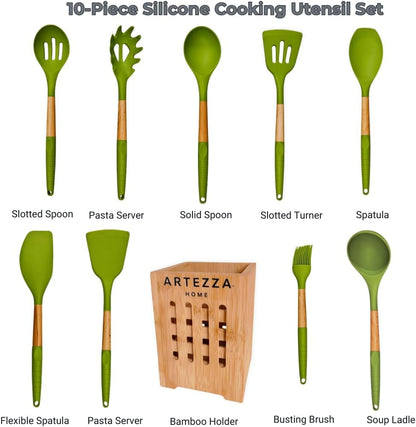 Green Silicone Kitchen Utensil Set – 10-Piece Cooking Tools with Wooden Handles & Ventilated Bamboo Holder, Heat-Resistant Silicone, Nonstick Safe, Bpa-Free Kitchen Gadgets Set – Sage Green2