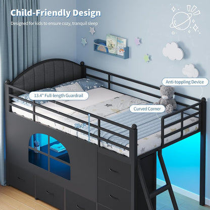 Twin Loft Bed with 8 Storage Drawers, LED Lights, Upholsterd Headboard, Inclined Ladder & Play Curtain, Kids Loft Bed with Safety Guardrail, Under-Bed Play Area, Black6