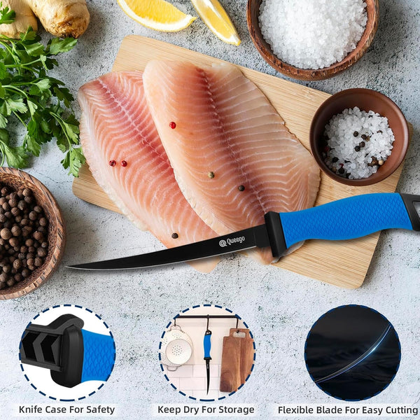 Fillet Knife, 7 Inches Professional Filet Knife for Fish, German G4116 Stainless Steel Blade Fishing Knifes with Two Stage Knife Sharpener,Non-Slip Handles, Protective Nylon Sheath6