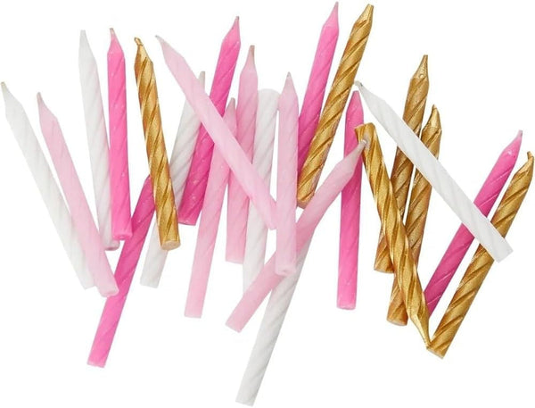 Vibrant Pink White & Gold Spiral Birthday Candles - (Pack of 24) - Premium Quality & Dazzling Assorted Color - Ideal for Birthday Celebrations1