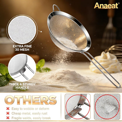 Fine Mesh Strainers - Premium Stainless Steel Colander Sieve Sifters, with Durable Mesh and Sturdy Handle, Excellent for Sifting Dry Ingredients, Flour, Pastas, Rice, Tea (3.15"+5.5"+7.87")5