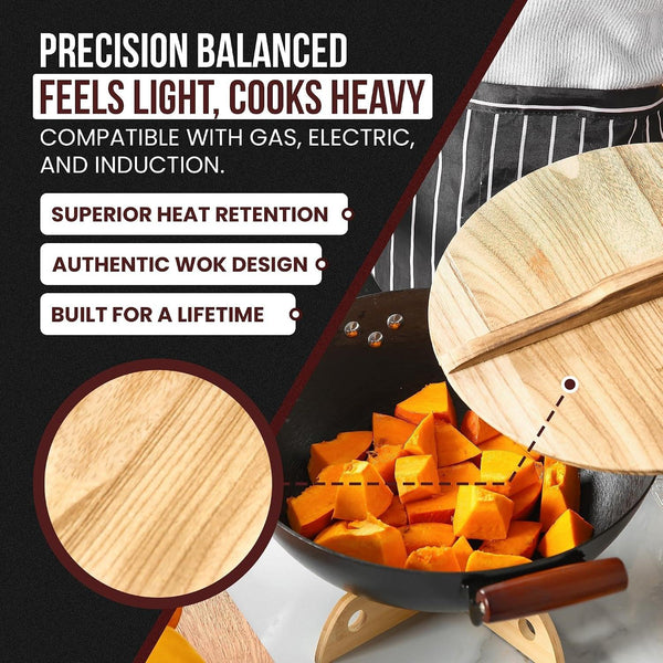 Pre-Seasoned Cast Iron Nonstick Stir-Fry Pan | Dual Handles & 4 Spatulas | Flat Bottom Wok with Wooden Lid & Wood Handle | Traditional Chinese Induction Wok (34Cm)5