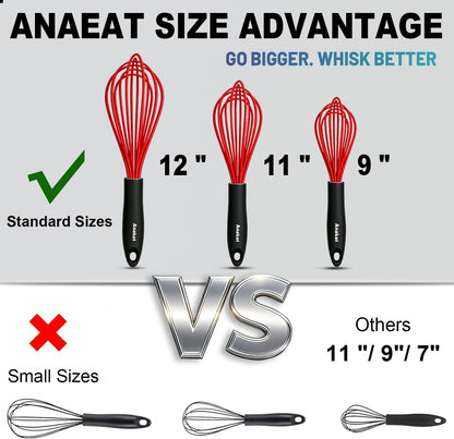 Silicone Whisk, Thick Stainless Steel Wire Inner - Heat Resistant Kitchen Whisks for Non-Stick Cookware, Balloon Egg Beater for Whisking, Blending, Beating, Frothing & Stirring (Red)5