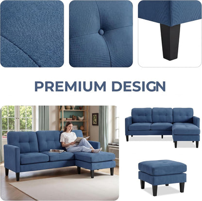 74'' L Shaped Small Couch with Chaise, Lounge Sectional Couch with Movable Ottoman, Sleeper Sofa for Apartment Size, Small Sectional for Living Room, Office, Guest Room & Small Spaces, Blue3