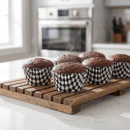 Black Checkered Cupcake Liners,100Pcs Baking Cups for Party Decorations | Heat-Resistant Paper Liners Keep Shape.Checkered Design Suits Birthday Race Car Parties.Stylish for All Ages Baking2