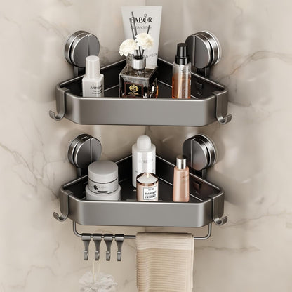 Suction Cup Shower Caddy Corner, 2 Pack Suction Corner Shower Shelves No Drilling, Rustproof Shower Organizer Suction Cup with Towel Holder & Hooks Removable Bathroom Storage Rack(Gray)1