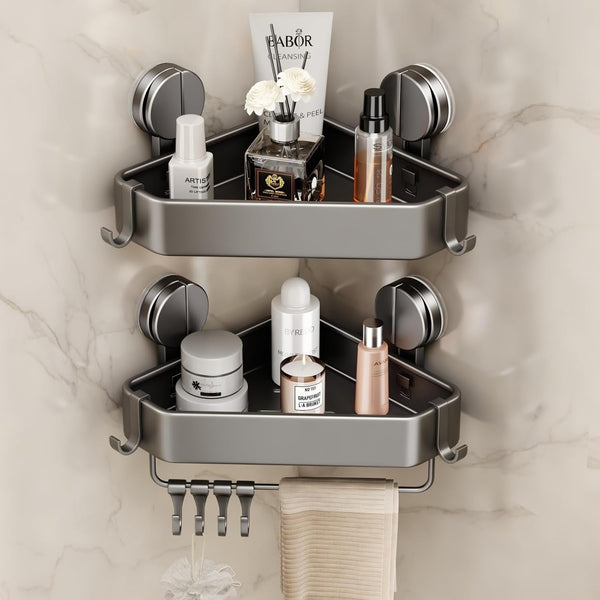 Suction Cup Shower Caddy Corner, 2 Pack Suction Corner Shower Shelves No Drilling, Rustproof Shower Organizer Suction Cup with Towel Holder & Hooks Removable Bathroom Storage Rack(Gray)1