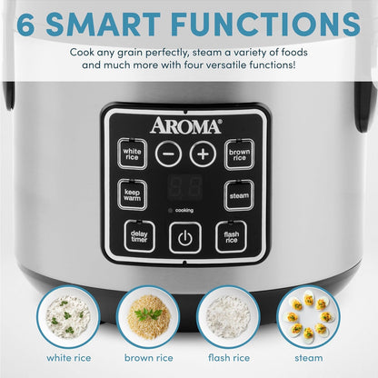 Digital Rice Cooker, 4-Cup (Uncooked) / 8-Cup (Cooked), Steamer, Grain Cooker, Multicooker, 2 Qt, Stainless Steel Exterior, ARC-914SBD4