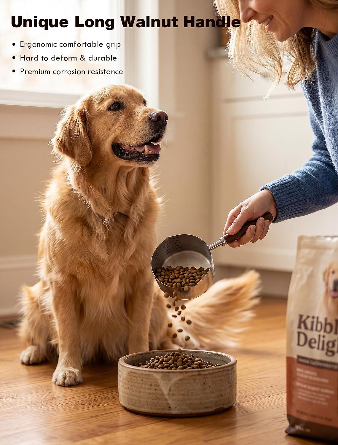 dog-food-scoop-1-cup-with-cleaning-towel-and-drying-rack-304-stainless-steel-dog-food-measuring-cup-with-walnut-handle-dishwasher-safe-pet-food-scoop-for-dogs-and-cats