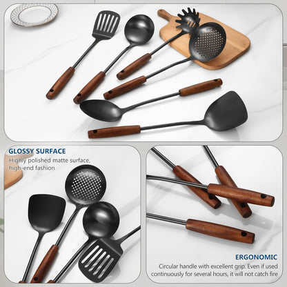 304 Stainless Steel Kitchen Utensils Set, 6 Pcs Long Cooking Utensils Set with Wooden Handle, Large Heat Resistant Kitchen Tools(Black, Dishwasher Safe)2