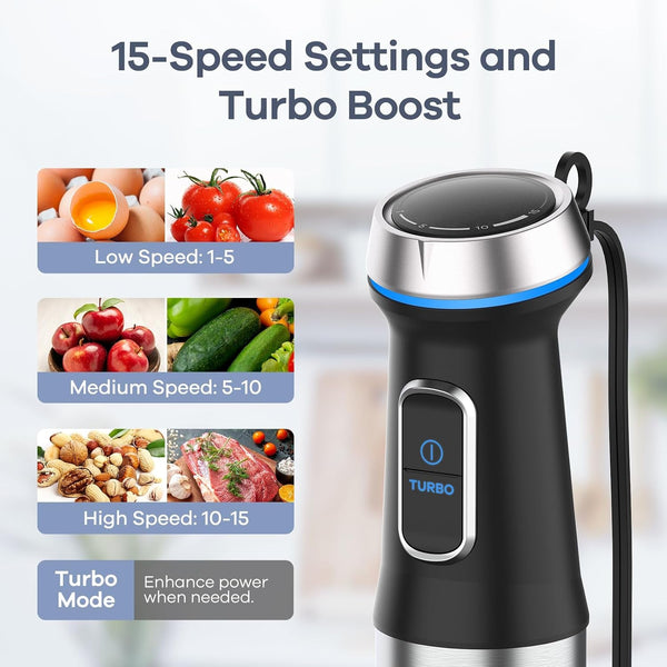 Immersion Blender Handheld, 6 in 1 Corded Hand Blenders Immersion | Stainless Steel Blade, 15 Speed Stick Blenders Electric, 800Ml Mixing Beaker, 600Ml Chopper, Whisk, Frother, Potato Masher4
