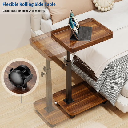 C Table End Table Adjustable Height, 360°Swivel TV Tray Table for Small Spaces, Side Tables with Wheels for Living Room and Bedroom, Bed (Walnut)4