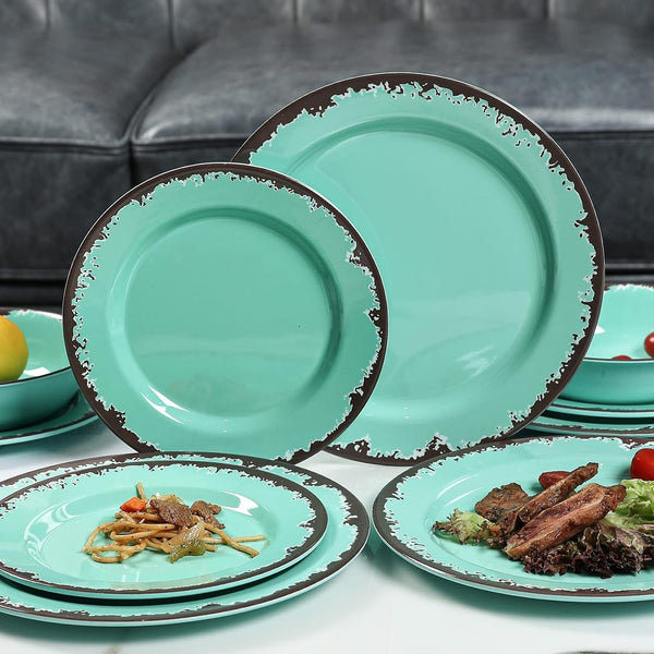 Rustic Melamine Dinnerware Set,12Pcs Plates and Bowls Sets-Green5