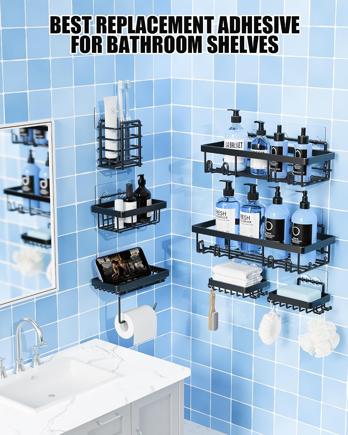 9-pack-shower-caddy-adhesive-replacement-strong-waterproof-transparent-adhesive-strips-no-drilling-shower-shelf-adhesive-hooks-for-bathroom-shelves-corner-basket-soap-holder-kitchen-racks