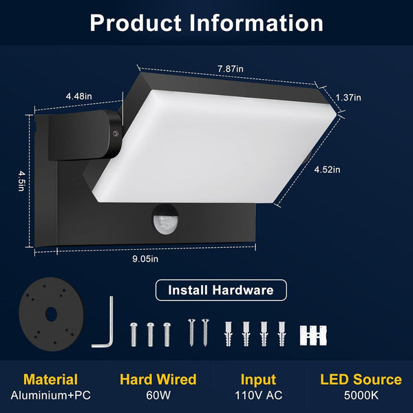 60W Motion Sensor Outdoor Wall Lights 360° Rotatable LED Panel 5000K5