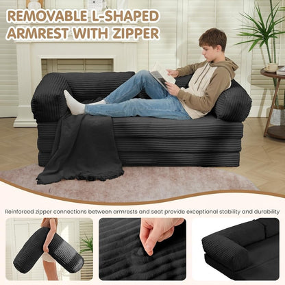 Convertible Sofa Bed Queen,5-In-1 Tri-Fold Boneless Couch with Removable Armrests & Handle,Corduroy Futon Sleeper Sofa,Floor Folding Mattress Pull Out Bed for Small Space Living Room Bedroom,Black4