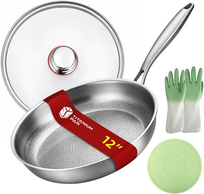 12-Inch Titanium Pro Pan Hammered Frying Pan with Lid | Dishwasher Safe, Non-Stick Pans without Coating, Cookware for Daily Cooking, Compatible with Gas, Electric, and Induction1