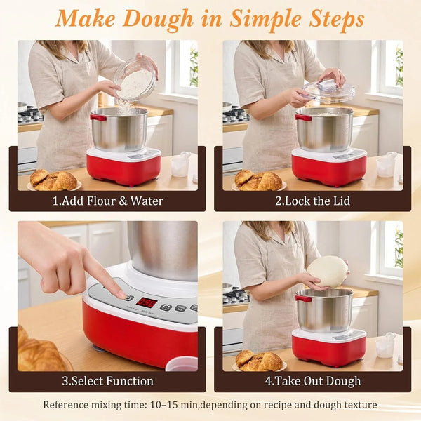 Electric Dough Maker, 7L Large Capacity with Ferment Function, Automatic Dough Kneading Machine, 304 Stainless Steel Bowl for Bread, Noodles, Dumplings, Pizza Dough (Red)5
