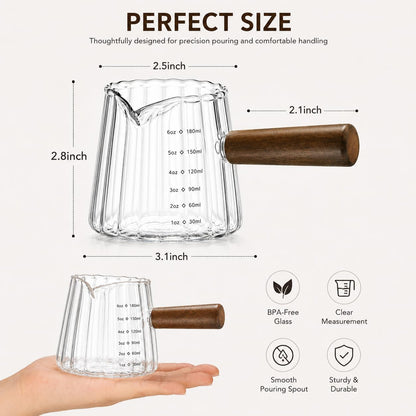2 Pack Espresso Shot Measuring Cups 6Oz, Clear & Grey Ribbed Glass Espresso Cups with Wood Handle, V-Shaped Spout, Oz/Ml Markings for Espresso, Milk Frothing, Latte and Coffee Bar4