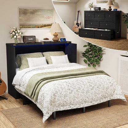 Queen Murphy Bed with Hidden Storage, Farmhouse Cabinet Bed with Storage Drawer, RGB LED Lights & Charging Station, Space-Saving Wall Bed with 6 Metal Legs, Black1