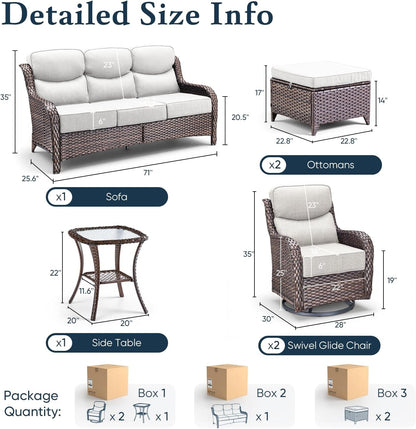Luxury 6" Thick Cushioned 6 Pieces Patio Furniture Set with Outdoor Couch, Wicker Outdoor Conversation Set with High Back Swivel Rocker Chairs for Deck Porch Yard and Poolside - Brown+Beige2