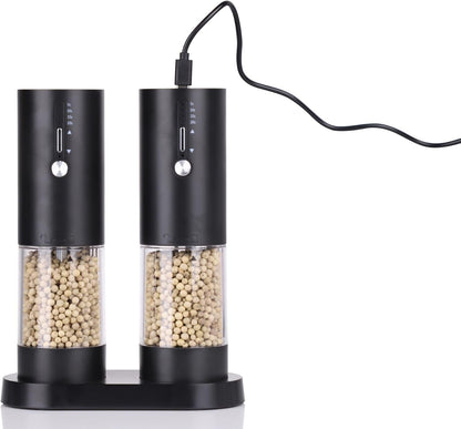 2Pack Electric Salt & Pepper Grinder Set One-Touch Operation Adjustable Coarseness Ceramic Grinding Core USB Rechargeable with LED Light for Kitchen, Restaurant, Outdoor, Black (Black+Black)9
