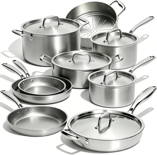 Stainless Steel Cookware Set, 5 Ply 14 Piece Stainless Steel Pot and Pan Set-Induction, Heavy Chef Quality, Oven Safe | Professional Kitchen Cooking Appliances, PFOA, PTFE & PFOS Free1