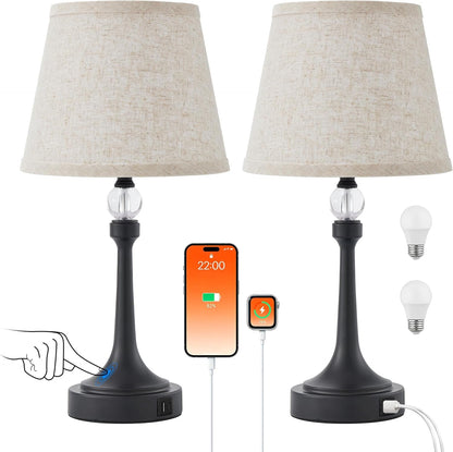 Touch Black Table Lamp Set of 2 with USB C+A Ports, Desk Lamp-19.7''8
