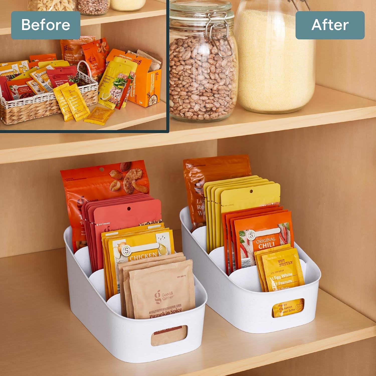 shelfbin-packet-organizer-4-tier-stairstep-raised-divided-bin-bpa-free-storage-caddy-for-kitchen-pantry-and-cabinet-organization-tea-bags-medicine-and-more