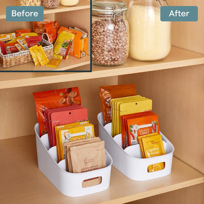 Shelfbin Packet Organizer, 4-Tier Stairstep Raised Divided Bin, Bpa-Free Storage Caddy for Kitchen Pantry and Cabinet Organization, Tea Bags, Medicine, and More6