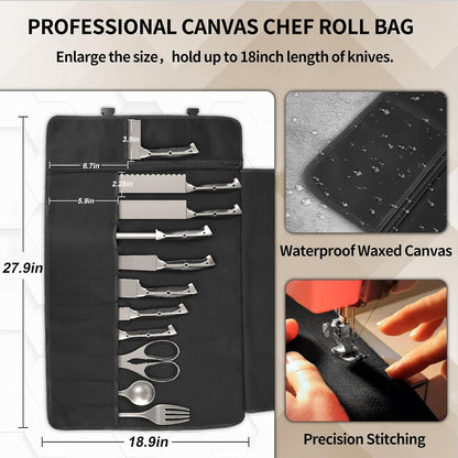 Upgraded Chef Knife Roll Bag, Waterproof Waxed Canvas Knife Case Holds Size up to 18'', Portable Knife Holder with 11 Slots for Knives with Adjustable Strap, Gift for Beginner or Pro2