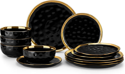 12 Pieces Plates and Bowls Sets, Porcelain Black and Gold Dinnerware Sets, round Dinner Plates Dishes Set Service for 4, Dishwasher Safe and Scratch Resistant, Black1