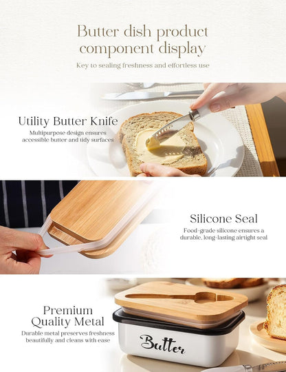 Metal Butter Dish with Lid & Silicone Seal for Countertop White | with Knife, Suitable Capacity, Great Sealing, Home Decor Kitchen Gift Housewarming Gift5
