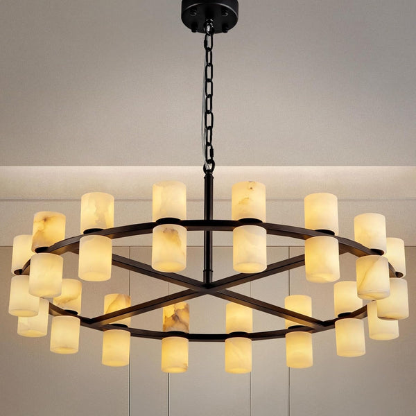Alabaster round Chandelier, Natural Spanish Stone Texture Chandeliers, D31In round Chandeliers for Dining Room Chandelier Light Fixture for Kitchen Living Room Foyer Entryway Hallway (Black)1