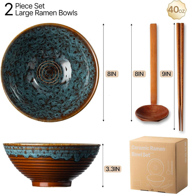 8 Inch Ceramic Ramen Bowl Set of 2, 40Oz Japanese Bowls with Spoons & Chopsticks,Durable,Microwave & Dishwasher Safe,Perfect for Ramen,Pho,Salad,Soup,Noodles，Mixing Bowls（Verdigris Green）2