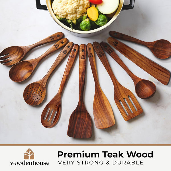 Wooden Spoons for Cooking, 12 Pcs Teak Utensil Set with Holder & Hooks2