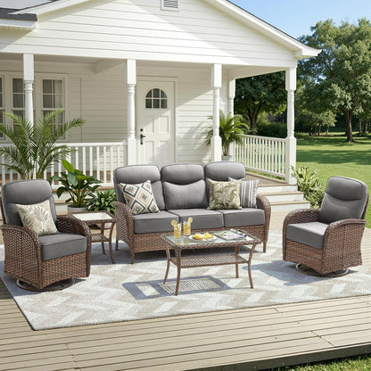 Luxury Outdoor Patio Furniture Set with 6-Inch Thick Cushions, 5 Pieces Wicker Outdoor Furniture with High Back Swivel Patio Chairs Set of 2, Outdoor Conversation Set for Deck Garden Porch, Gray1