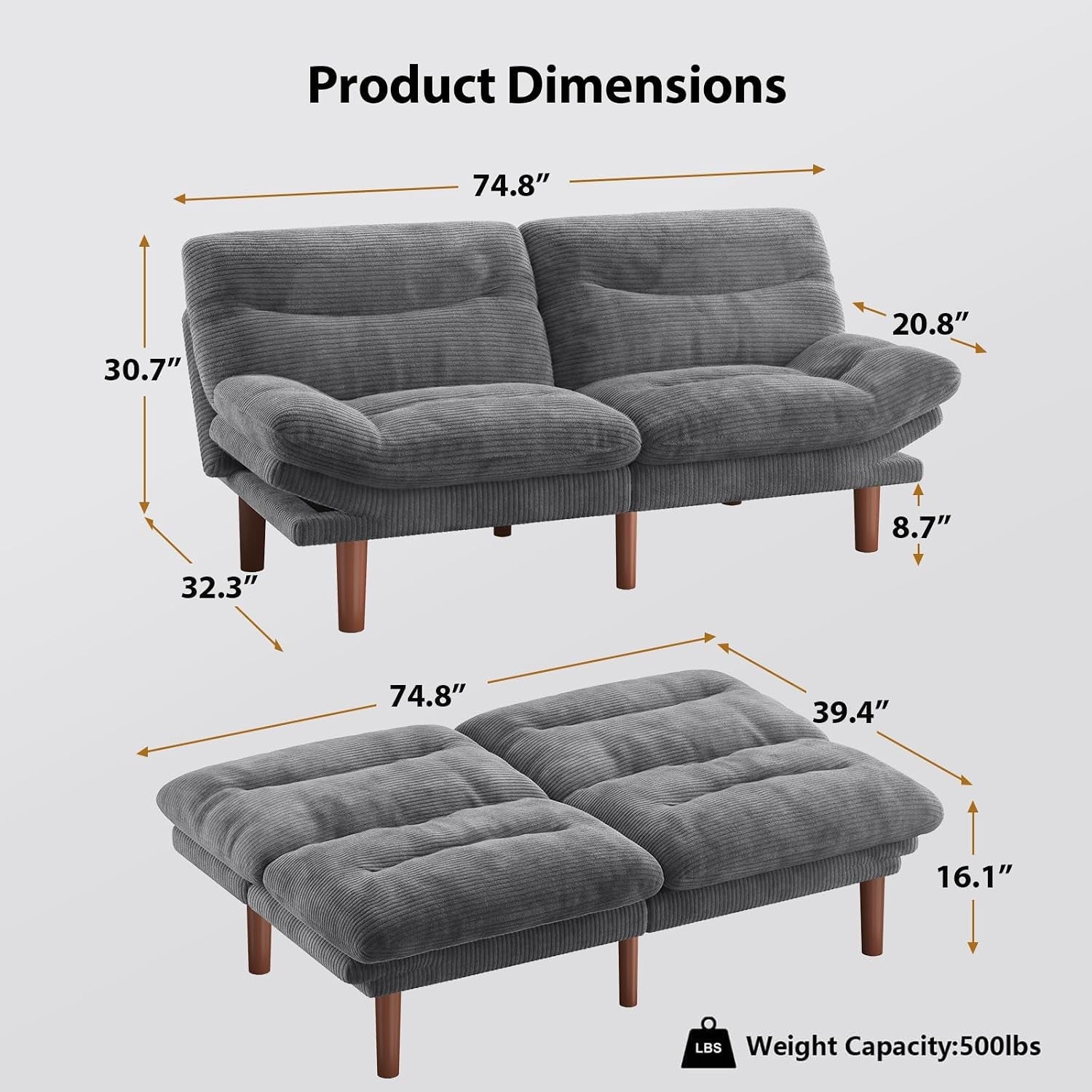 convertible-futon-sofa-bed-corduroy-75-inch-grey