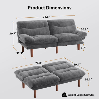 Convertible Futon Sofa Bed, Corduroy, 75 Inch, Grey2